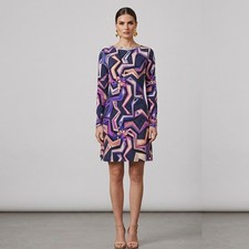 Emilio Pucci Dress Long Sleeve Geometric Print Shift Dress Purple Navy Size 10