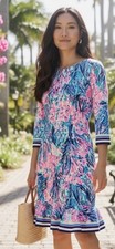 Lilly Pulitzer Seahorse Coral Reef Dress Pink Blue 3/4 Sleeve Ruffle Hem XS