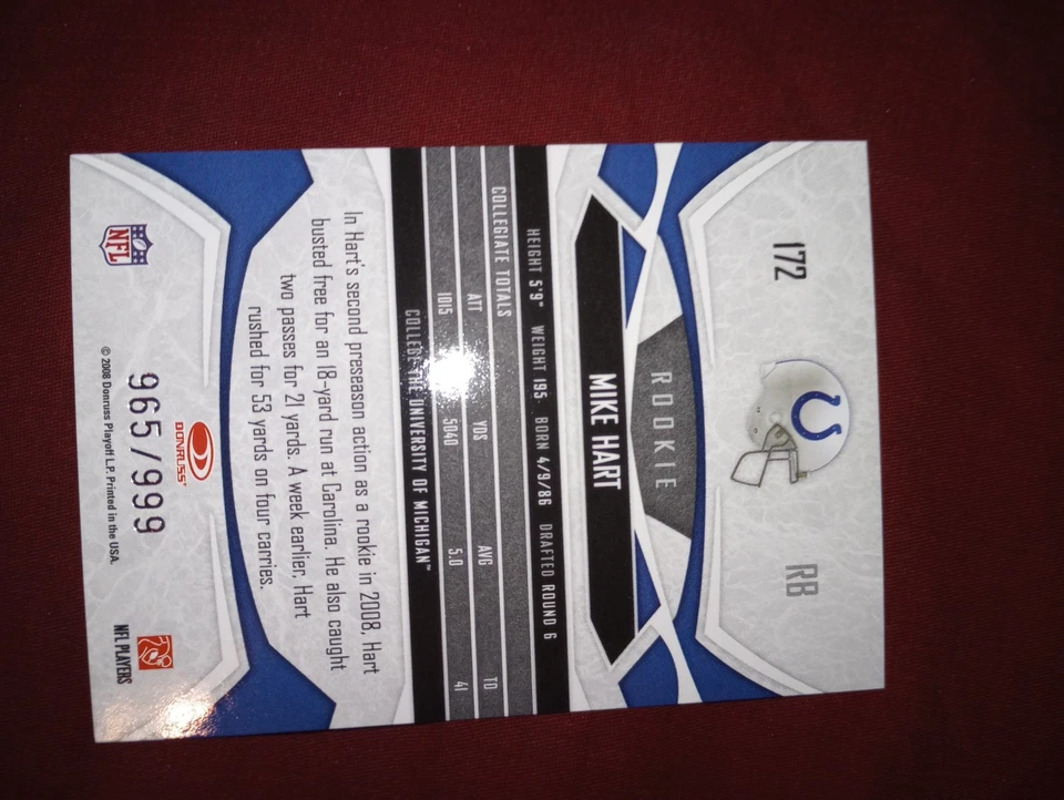 2008 Donruss Gridiron Gear Mike Hart Rookie /999 Indianapolis Colts #172 U MICH - Image 4 of 4