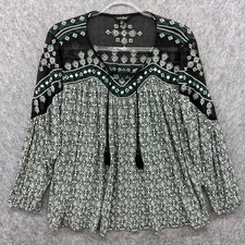 Lucky Brand Embroidered Peasant Knit Top Womens Plus 2X Green Black