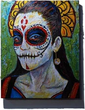 SKULL MASK OIL█PAINTING REALIST ART█VINTAGE ORIGINAL█DAY OF THE DEAD SKELETON NA