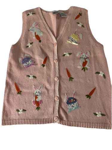 VTG Artsy Sweater Vest Womens Capacity Sz XL Petites Bunnies Pink Spring Read - Picture 1 of 17