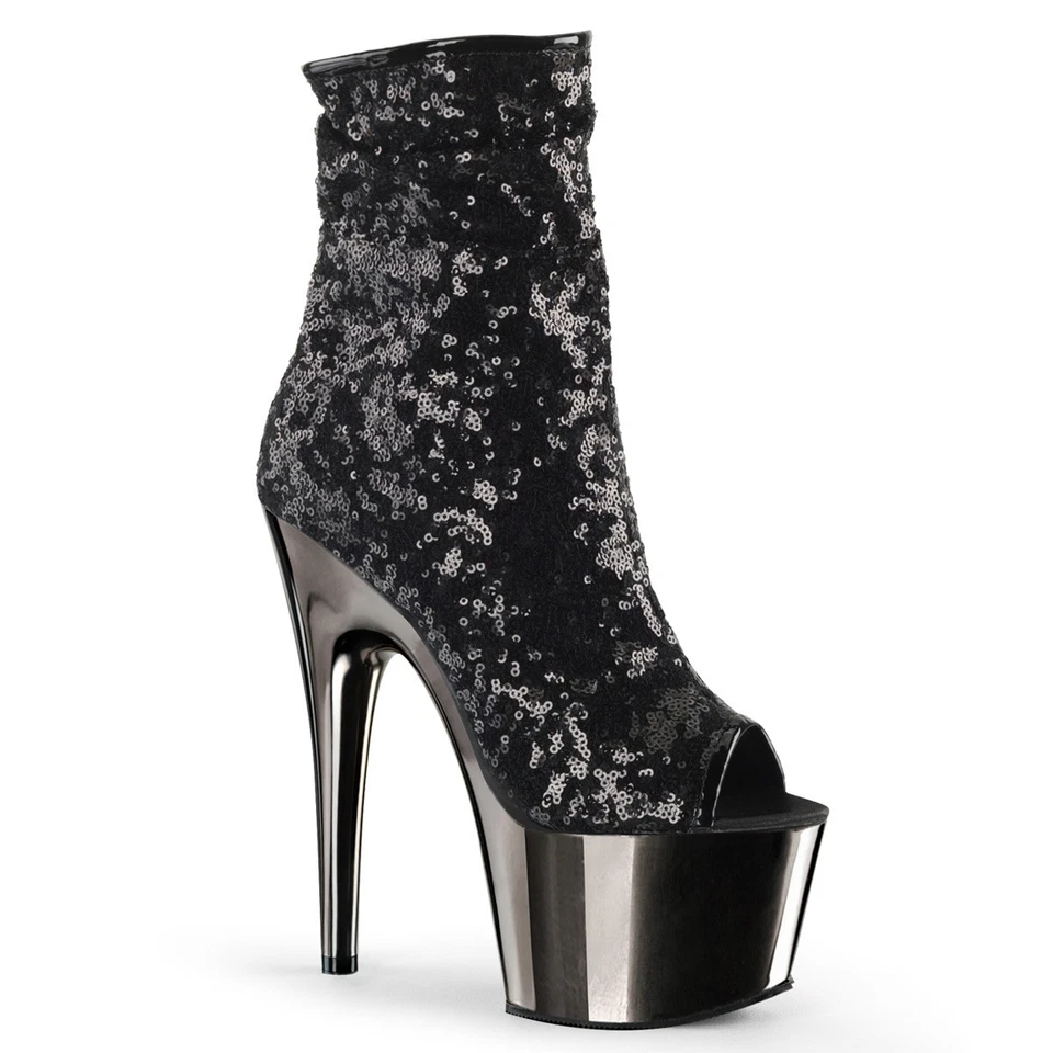 ADORE-1008SQ Pleaser High-Heels Peep-Toe Stiefeletten Pailletten schwarz chrom - Bild 1 von 1