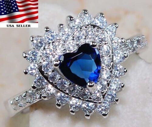 Heart 2CT African Sapphire & Topaz 925 Solid Sterling Silver Ring Sz 7 &2-1
