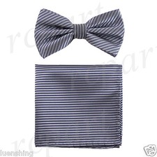 New Men Pre-tied Bow Tie And Hankie Set Stripes Formal Silver Gray wedding prom