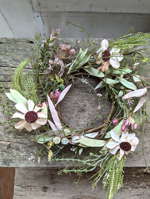New TEA STAIN DAISY CANDLE RING Floral Grass Wreath 4.5'' Farmhouse Sunflower
