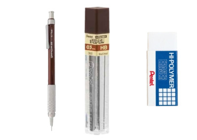 Pentel GraphGear 500 Pencil Kit .3mm Brown ZEH10 Block Eraser Lead School Office