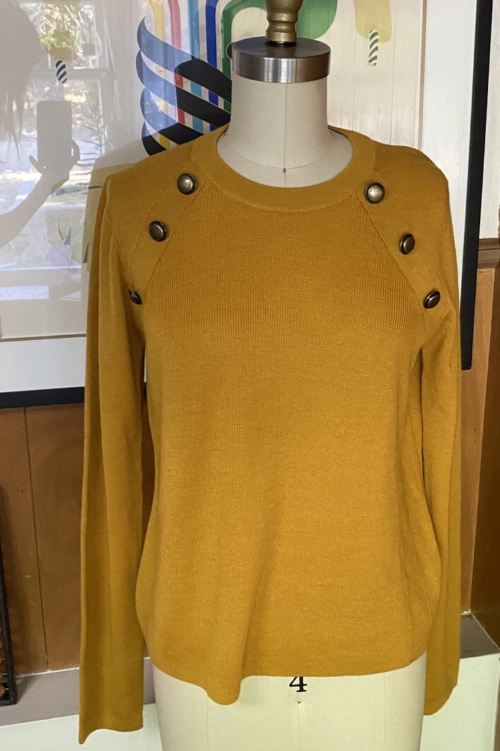 Veronica Beard Simi Sweater Wool Ribbed Button shoulder Crewneck