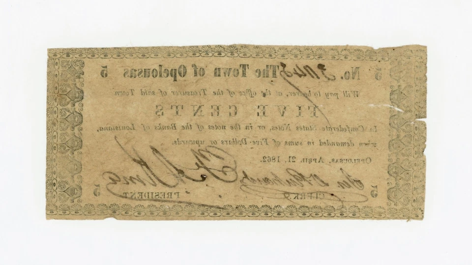 1862 5c The Town of Opelousas, LOUISIANA Note - CIVIL WAR Era - Image 2 of 2
