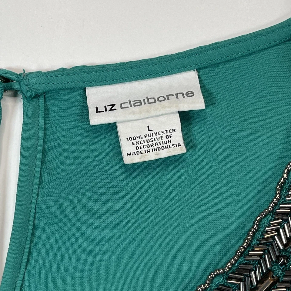 LIZ CLAIBORNE Women’s Green Tank Top Beaded Neckline Side Slit Size Large - Image 3 of 4