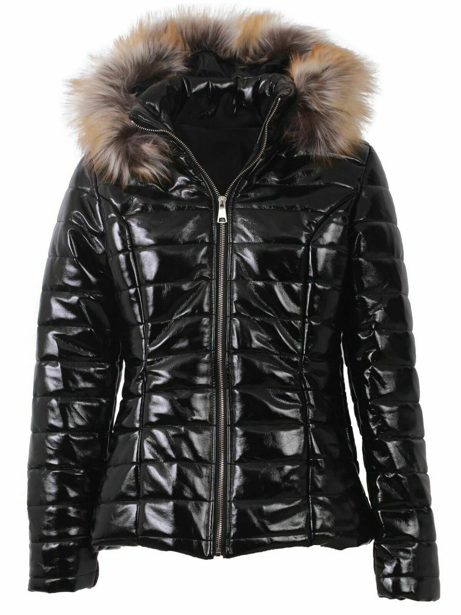Womenu0026#039;s Quilted Puffer Wet Look Black Shiny Padded Jacket Fur Hooded  Thick Coat | eBay