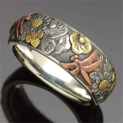Vintage Silver&rose Gold Dragonfly Sunflower Ring For Womens Mens Party Jewelry