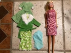 Vintage 1971 Malibu Barbie w/ Swimsuit, Pink Glasses, Lime Green dress coat