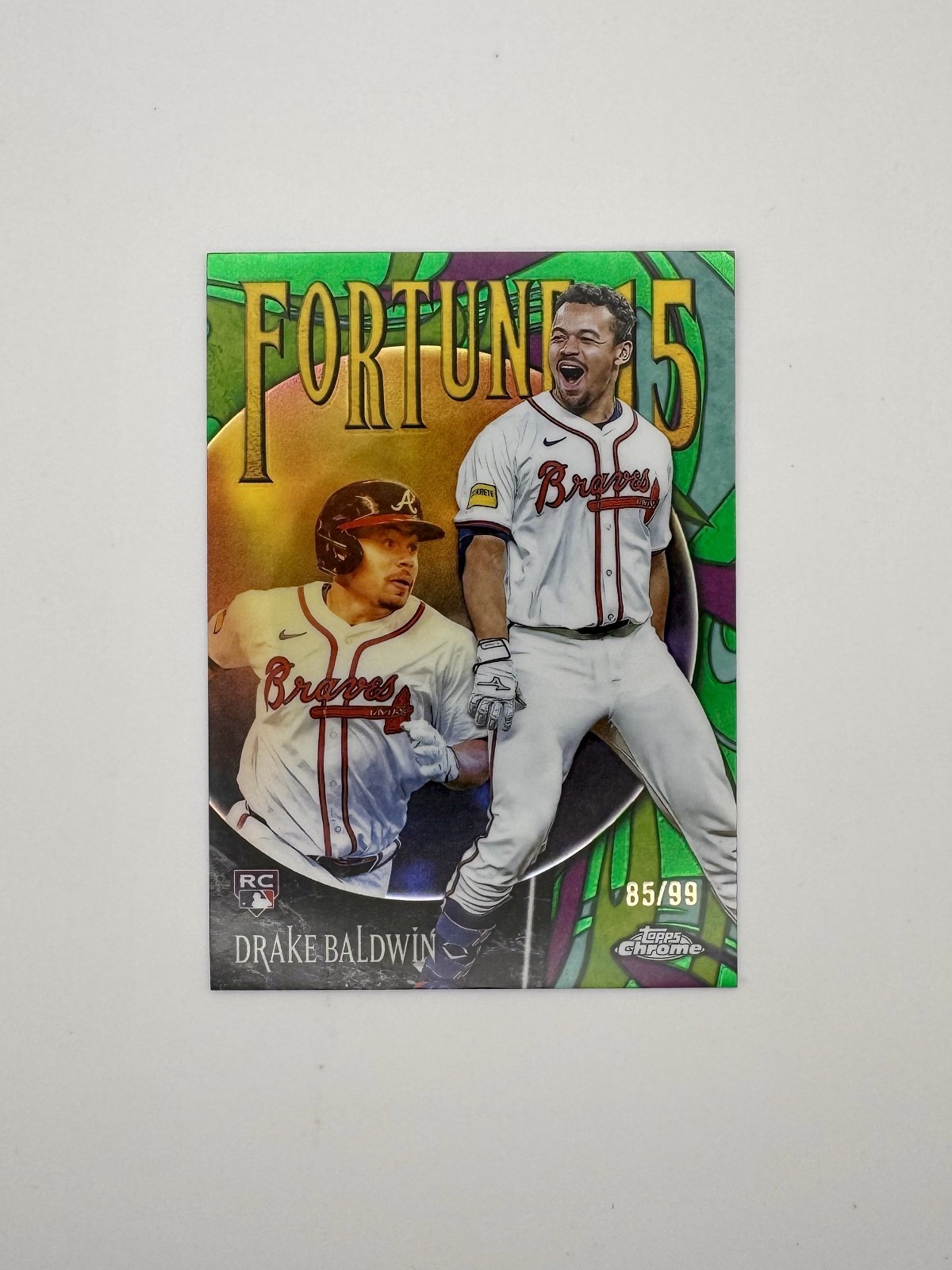 DRAKE BALDWIN 2025 TOPPS CHROME UPDATE FORTUNE 15 ROOKIE GREEN RC /99 Q4920