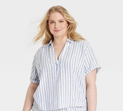 Universal Thread Top Womens 3XL Blue Linen Blend Shirt Short Sleeve V-Neck