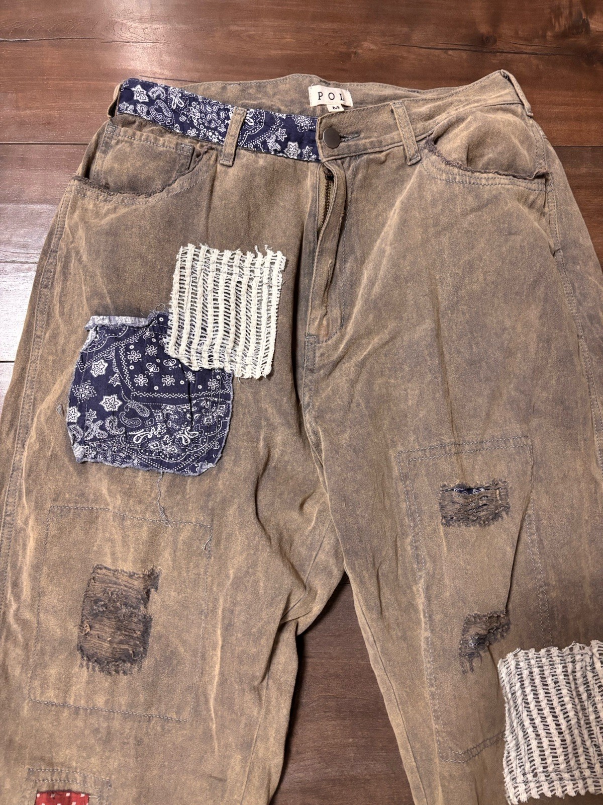 POL Size Medium Distressed Patchwork Khaki - image 2