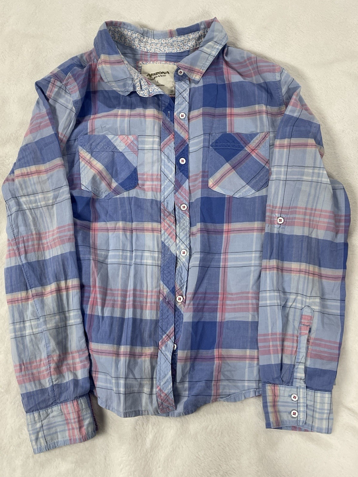 Arizona Jean Long Sleeve Plaid Shirt Woman Size Large Blue Pink Button Up Casual