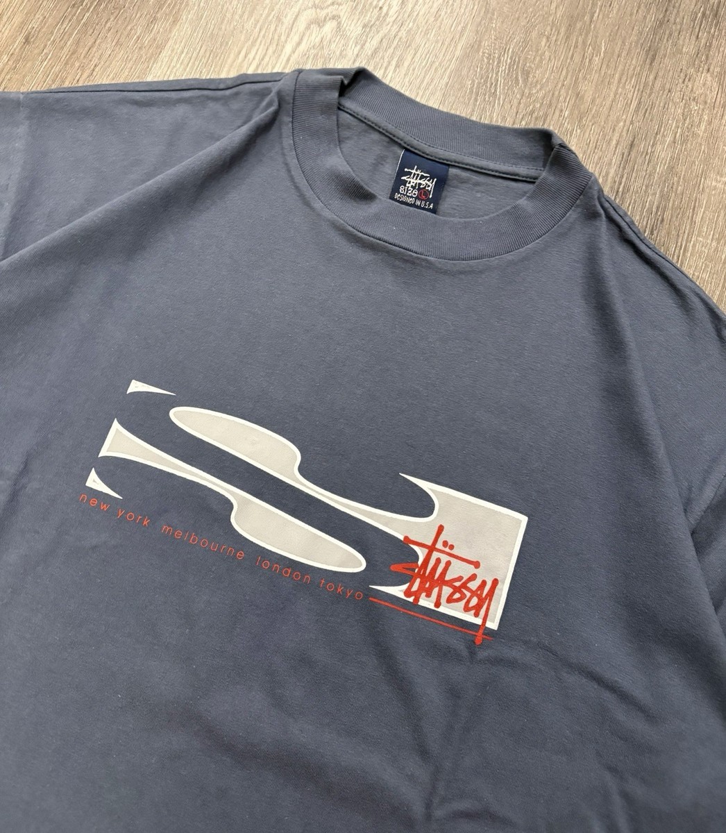 Vintage Stüssy T-Shirt L Grey Logo Graphic Made In USA 90s
