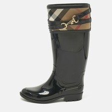 Burberry BlackBeige Rubber and House Check Canvas Rain Boots Size 35
