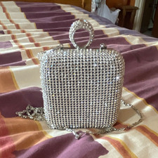 Silver/Black Rhinestone Top Handle Hard Case Clutch Bag with Chain Strap
