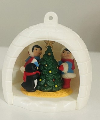 Vintage 1983 Avon Winter Fun Christmas Ornament Eskimos & Penguin Igloo Holiday