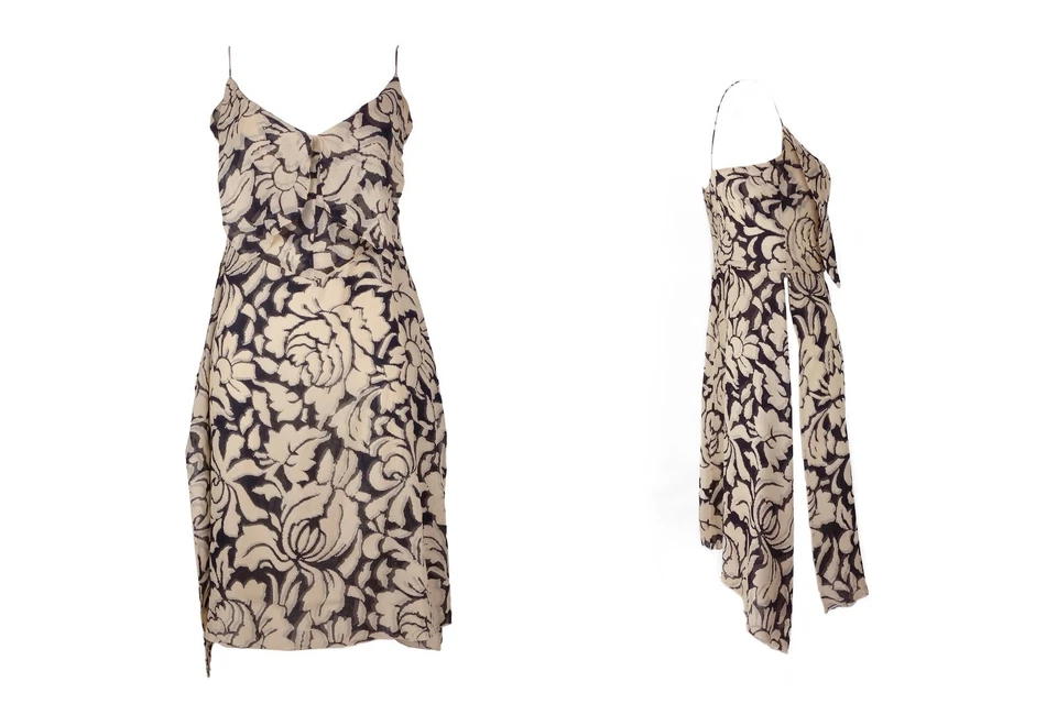 Valentino S/S 2001 Summer Floral Print Dress Beige Black Silk Size 10 M Vintage - Image 2 of 4