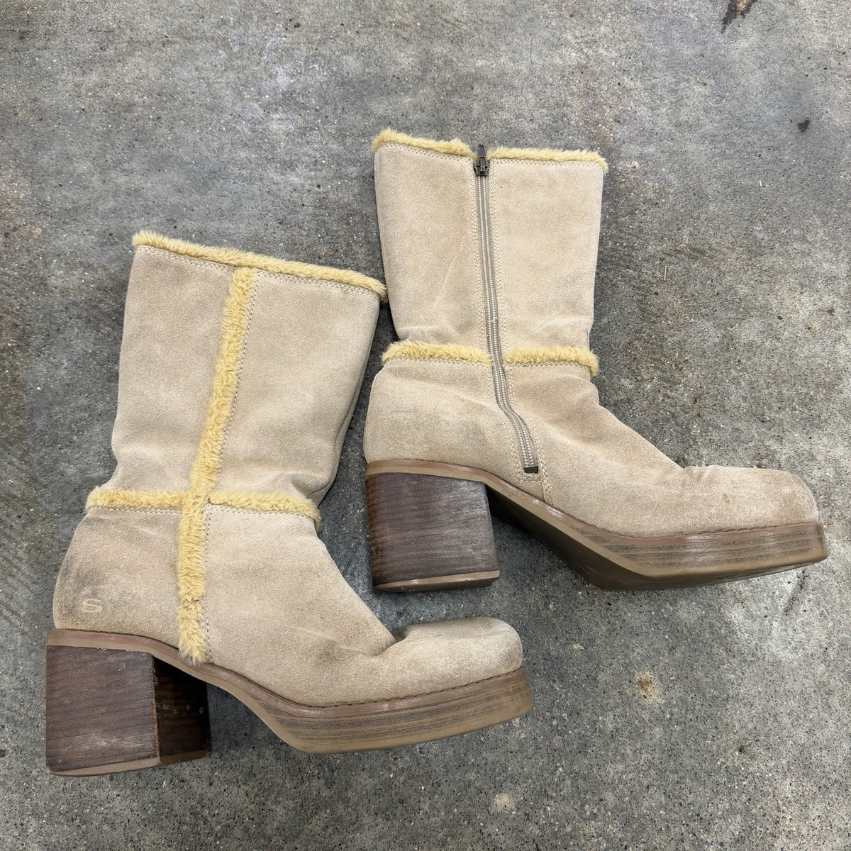 Vintage Skechers 10 Suede Fur Trim Tan Beige Chunky Heel Bratz