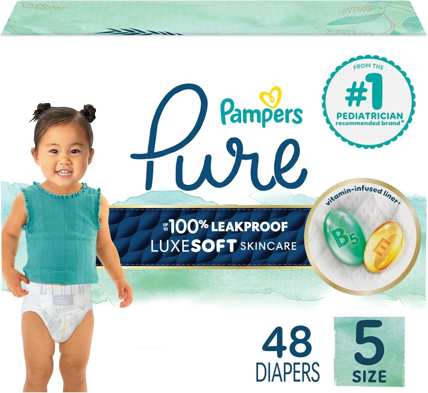 Pampers Pure Baby Diapers, Size 5 (27+ Lbs), 48, up to 100% Leakproof, Premium H