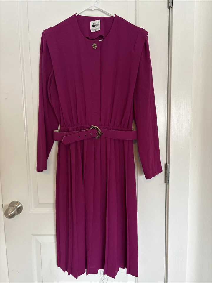 Vintage Women’s Berry Pink Dress Pleat Skirt Leslie Fay 10P With Belt Valentines - Image 2 of 4