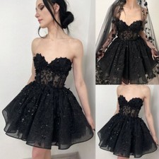 Gothic Black Short Wedding Dresses Glitters Lace Appliques Sweetheart Bridal