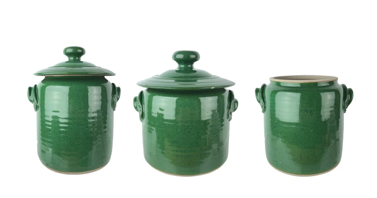 Vtg Hand Made Stoneware Pottery Dark Green 3 Canister Set Signed