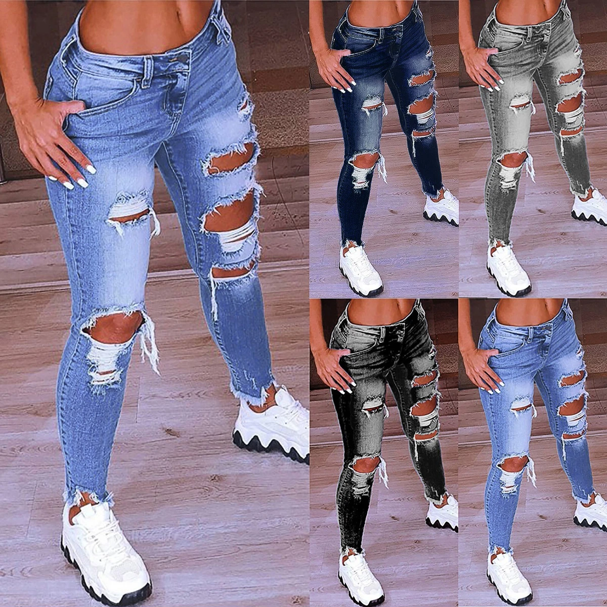 Women Solid Color Hole Low Waist Jeans Womens plus Size Cotton
