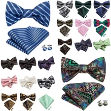 Striped Black Mens Bow Tie Set Hakerchief Cufflinks Wedding Prom Gift 3pcs Set