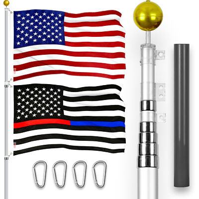20 Ft Telescoping Flagpole SV & USA and Thin Blue Red Line Flags Emb 300D 3x5Ft