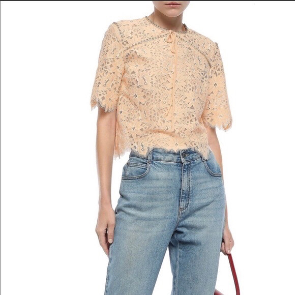 Sandro Peach Beige Utopia Cropped Floral Lace Crystal Short
