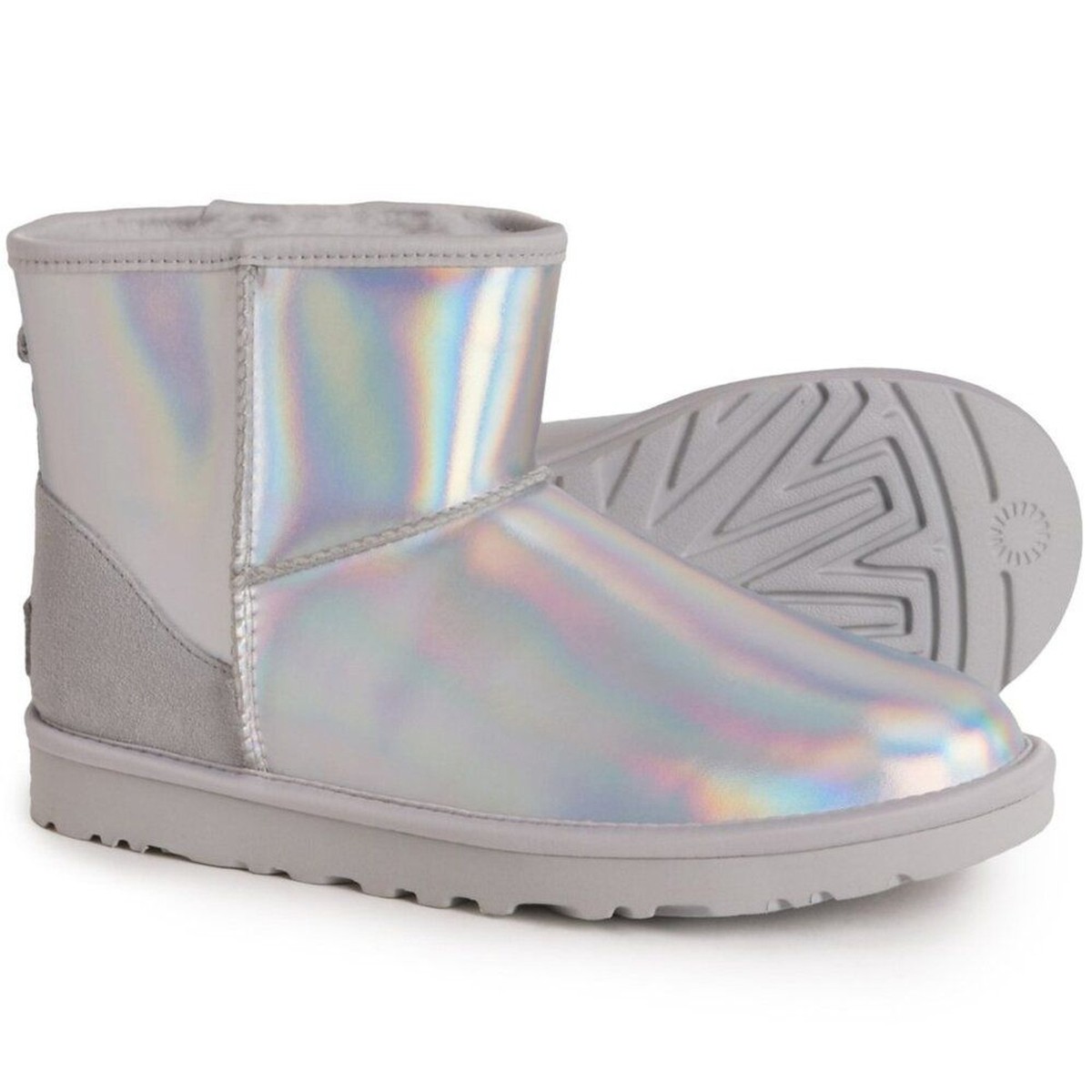 NIB UGG WOMEN'S MINI IRIDESCENT SILVER‎ SHEARLING LINED ANKLE