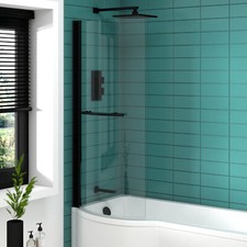 P Shaped Shower Bath Screen Black & Brushed Brass with Towel Rail - 6mm Glass