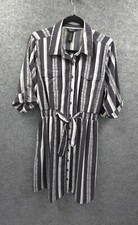 Millenium Shirt Dress Womens Large Button Up Pockets Short Sleeve Black Striped