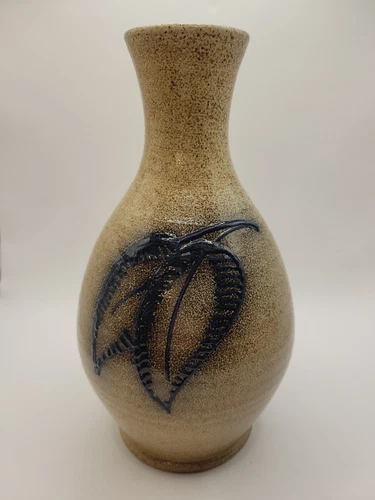 1996 Red Wing Pottery Salt Glazed Vase Tan with Cobalt Blue Leaves 9" Tall