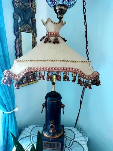 Victorian Lamp Shade Beaded Tassels Crown Ecru Silk 20"x14"x 13.5" Orient Frame - Picture 2 of 20