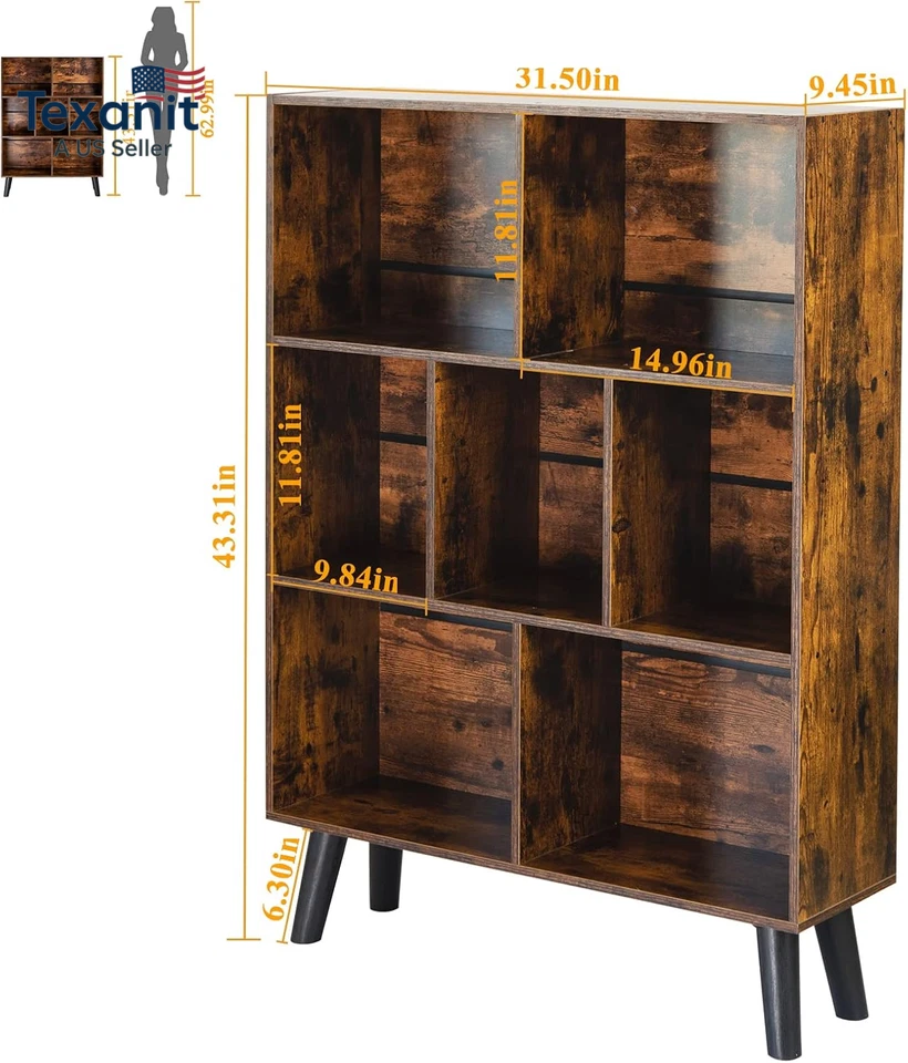 木制7立方体书架,天然3层书架带支腿,现代开放式书架 — 第 3/4 张图片