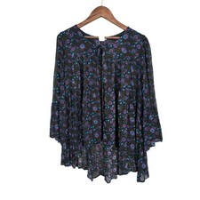 Natural Life Blouse One Size Dark Floral Tie Flowy Boho Peasant Cottagecore