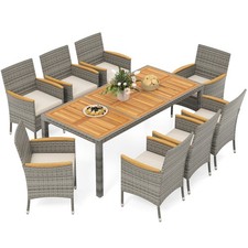 9 PCS Patio Dining Set for 8 Table and PE Rattan Chairs with 2" Umbrella Hole