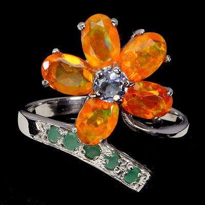 925 Sterling Silver Ring Oval Orange Opal 6x4mm Tanzanite Gemstone Jewelry Sz 7