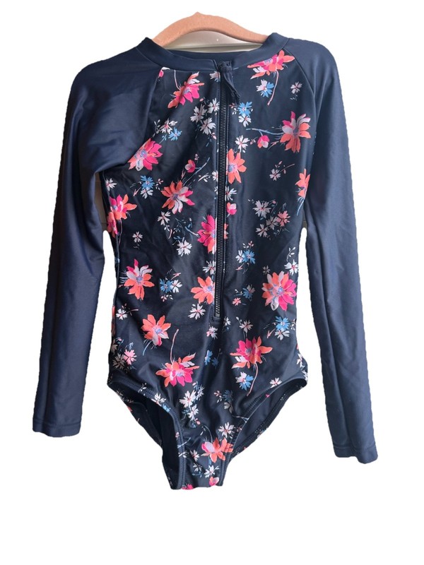 GAP Kids Girls One Piece Long Sleeve Zip Swimsuit Floral Navy Pink Blue S