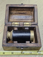 Vintage 2 Draw 6" Handheld Brass Telescope with Hand Carved Wooden Box