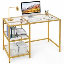 COSTWAY Tempered Glass Computer Desk Modern Office Desk with Storage Shelves