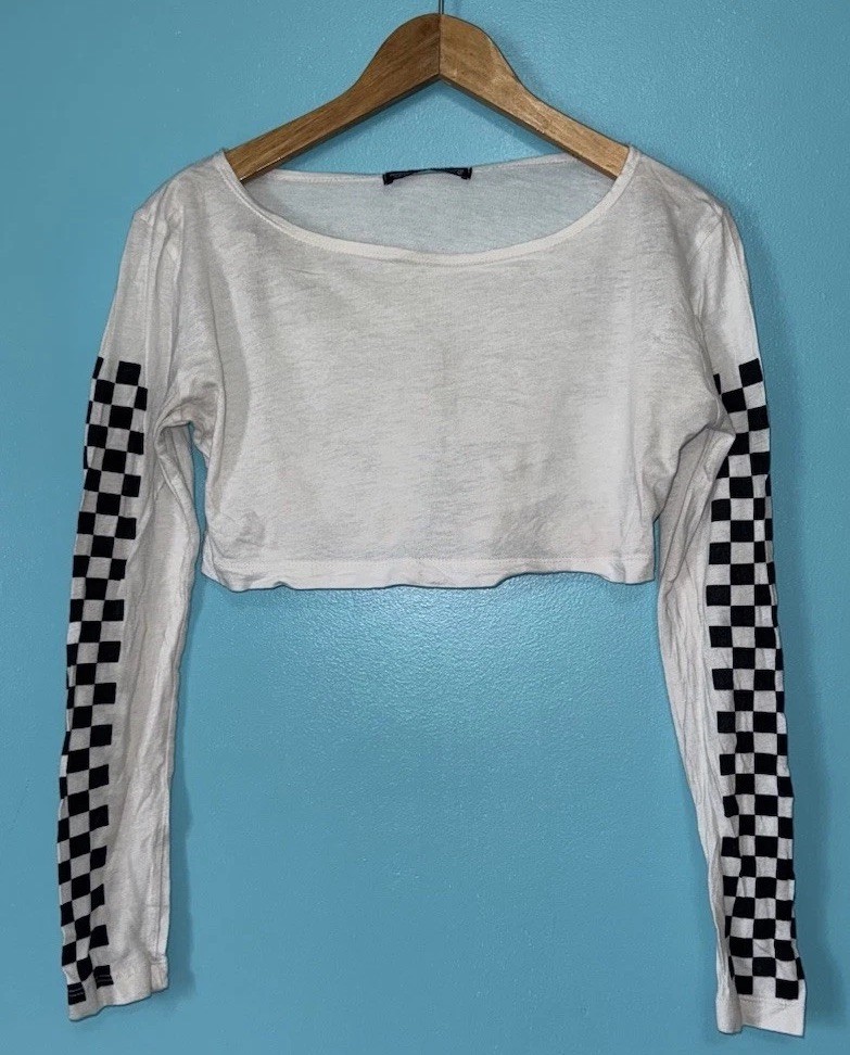 Rock Rose Couture Checkered White Black Women's Size M Thin Long Sleeve Crop Top
