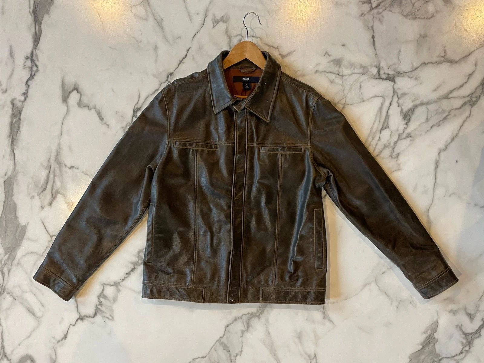 Vintage 2002 Gap Jacket Leather Aviator Snap Button Lined Brown Mens Medium Y2K image 2