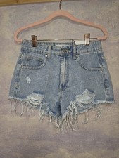 Rise Jeans Light Wash Distressed Cutoff Jean Shorts Shredded Frayed Fringe Sz 5